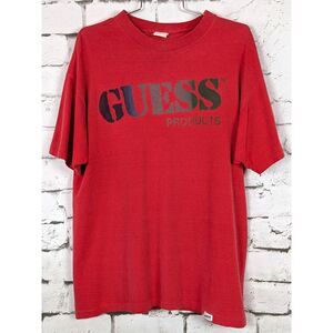 VINTAGE 80s Men's Guess T-Shirt Single Stitch USA Red Cotton Medium